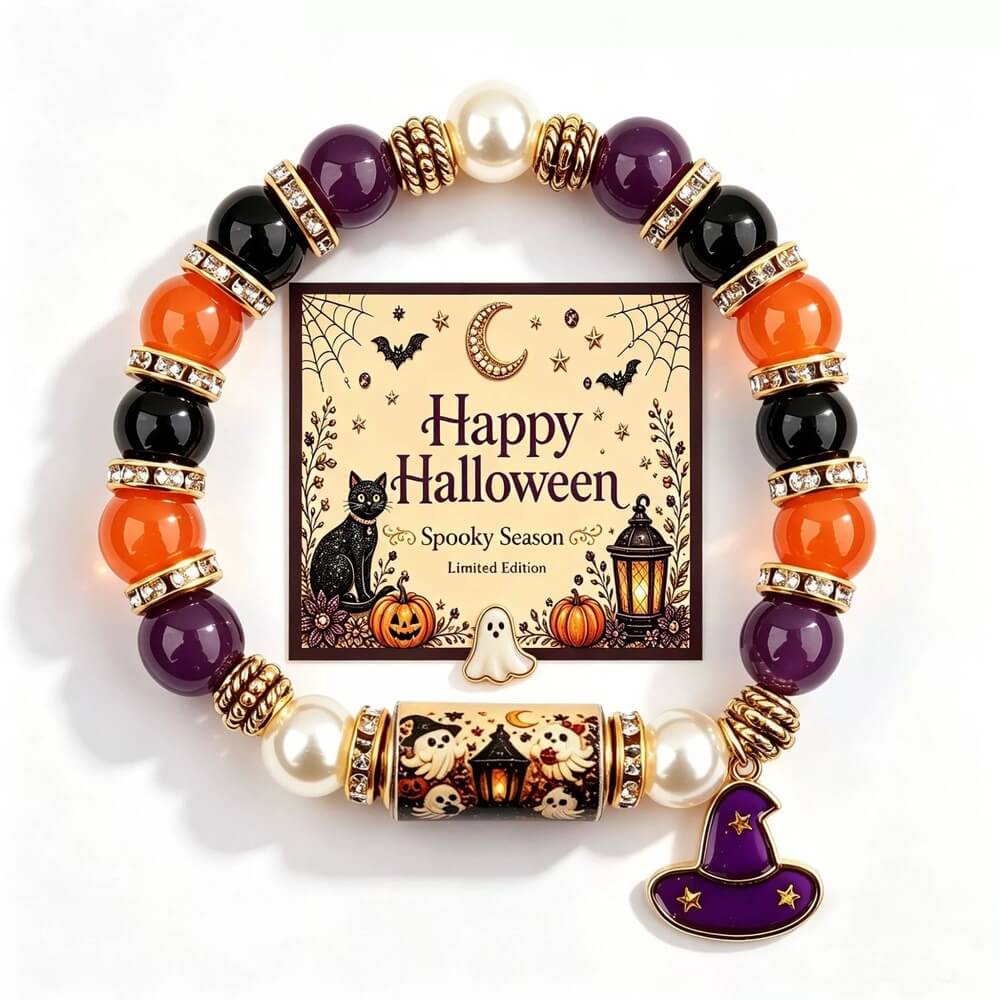 Halloween Beaded Bracelet | Witch Hat Cat Pumpkin Stretch Gift