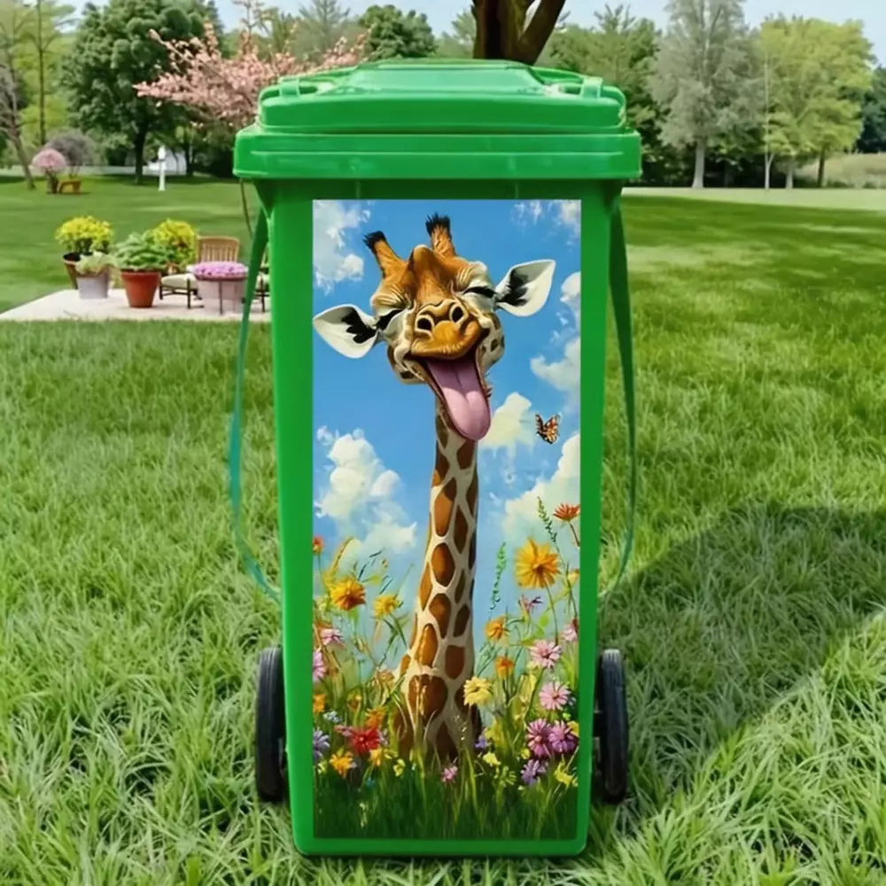 Colourful giraffe trash can sticker for outdoor bin decoration