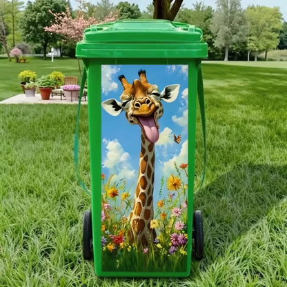 Colourful giraffe trash can sticker for outdoor bin decoration