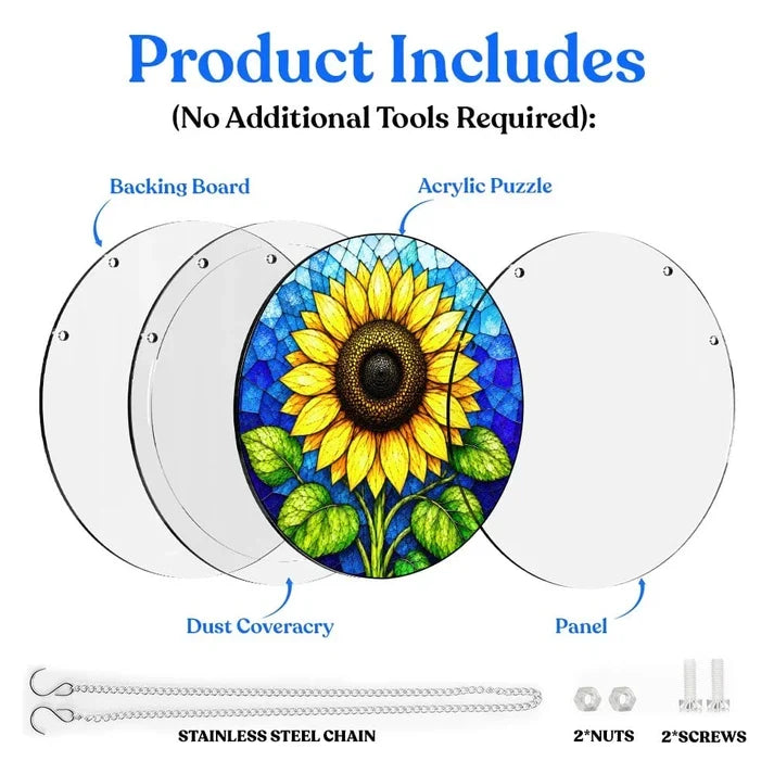 A diagram showing the included parts of the golden sunflower acrylic puzzle suncatcher such as backing board dust cover panel stainless steel chain nuts and screws