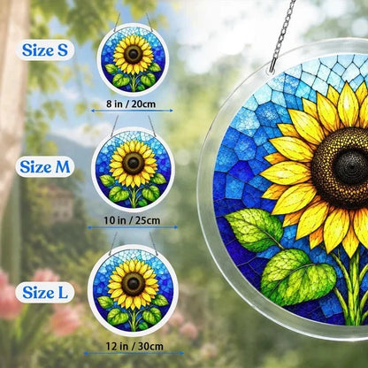 A size chart showing three sunflower suncatchers in S M and L measuring 8 10 and 12 inches with a large size detail on the right