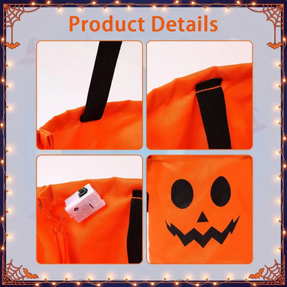 Product details collage showing an orange Halloween bucket bag with black handles, a white lockable compartment, and a black jack-o'-lantern face print on a light blue decorative background.