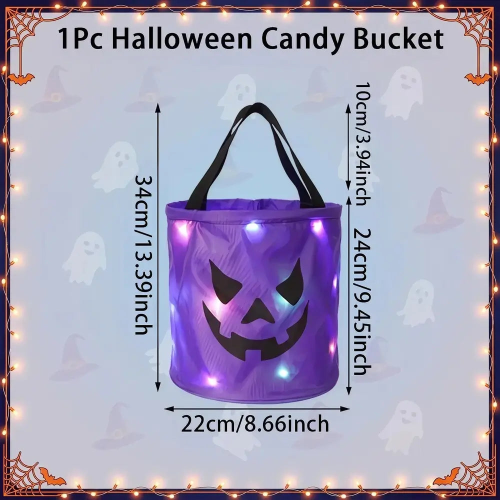 A purple Halloween candy bucket with black handles and a jack-o'-lantern face, shown with overlaid dimensions (34cm tall, 24cm wide, 10cm handle) and the text '1Pc Halloween Candy Bucket' on a ghost-patterned background.