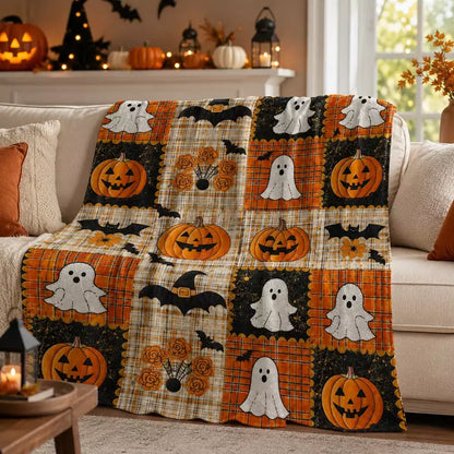 Halloween throw with a printed patchwork-style design