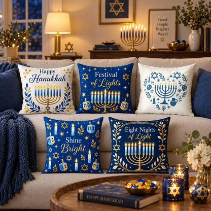 Decorative Hanukkah pillow covers with a traditional menorah illustration
