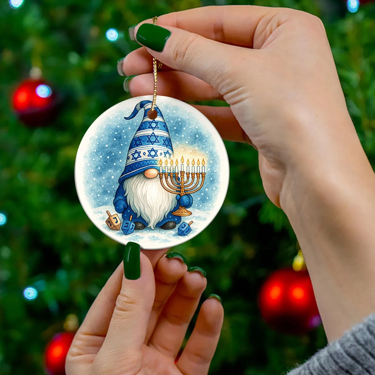 Gnome ornament displayed as a festive Hanukkah tree decoration
