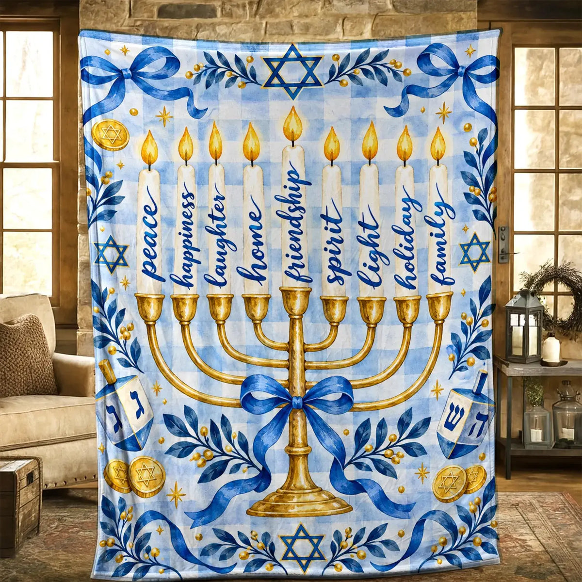 The Hanukkah blanket with a golden menorah and blessing words lies over furniture in a rustic stone walled room