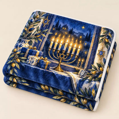 A folded Hanukkah blanket displays its golden menorah and olive branch watercolor design on a flat surface