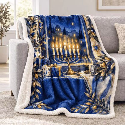 The blue and white plush menorah blanket is draped over a grey sofa in a bright living room