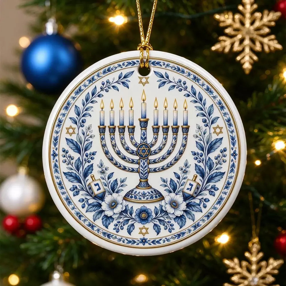 Detailed blue floral pattern and menorah illustration on a Hanukkah ornament