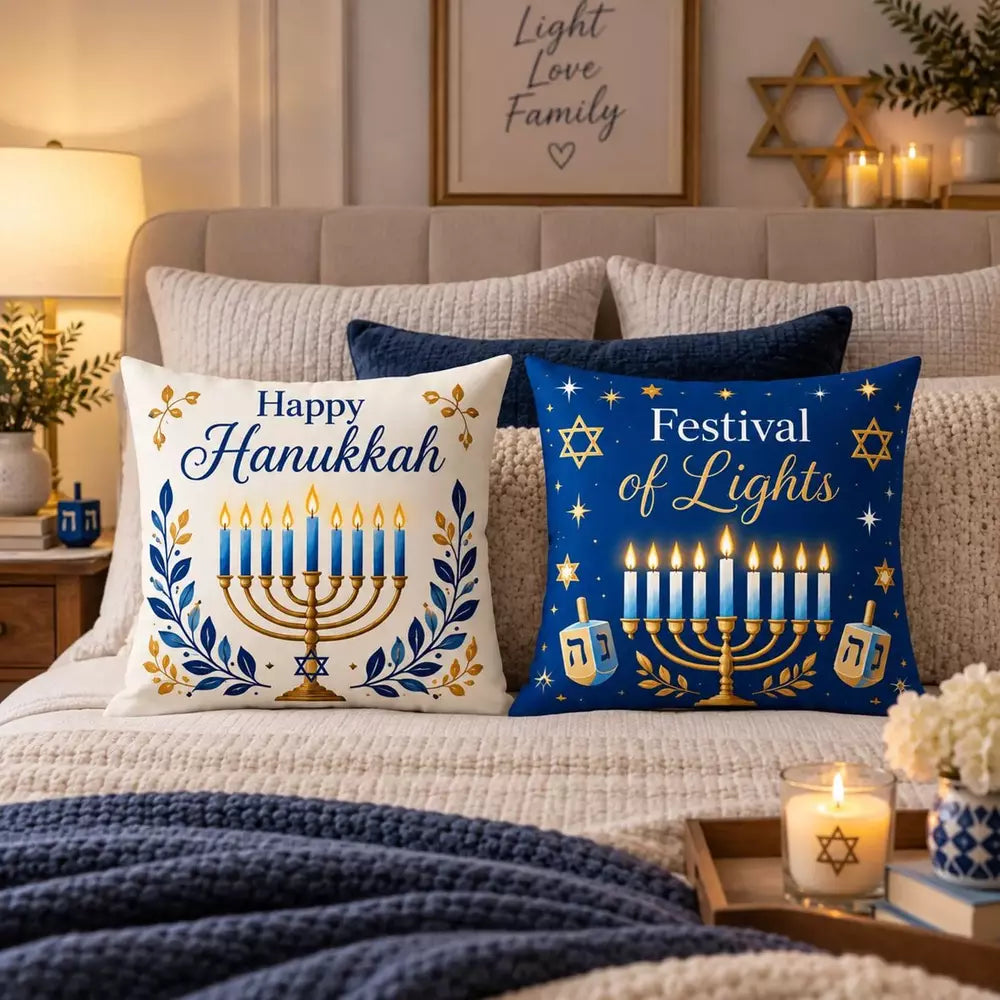 Hanukkah decorative pillow covers styled on a bed