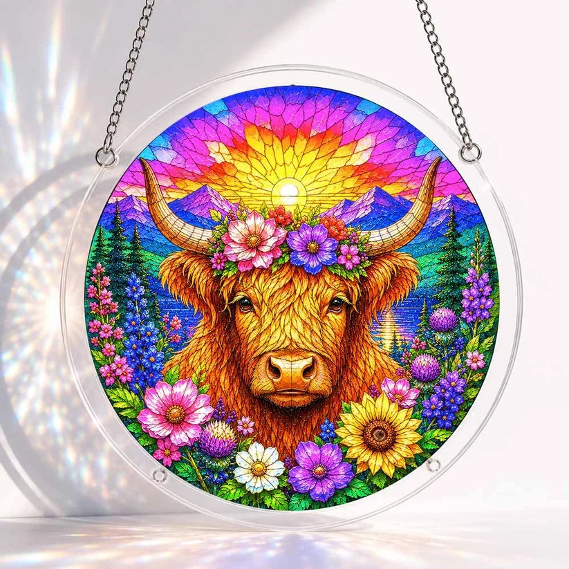 A round acrylic suncatcher with a fluffy highland cow wearing a flower crown surrounded by wildflowers and mountain sunset