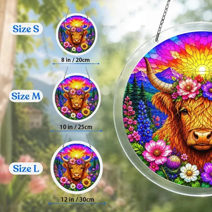 A size chart showing three highland cow suncatchers in S M and L measuring 8 10 and 12 inches with a large size detail on the right