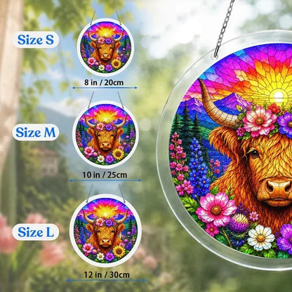 A size chart showing three highland cow suncatchers in S M and L measuring 8 10 and 12 inches with a large size detail on the right