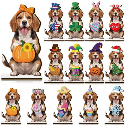 Interchangeable animal wooden decor with autumn seasonal accessories