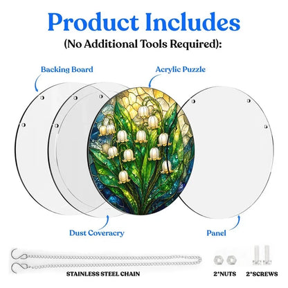 A diagram showing the included parts of the lily bells acrylic puzzle suncatcher such as backing board dust cover panel stainless steel chain nuts and screws