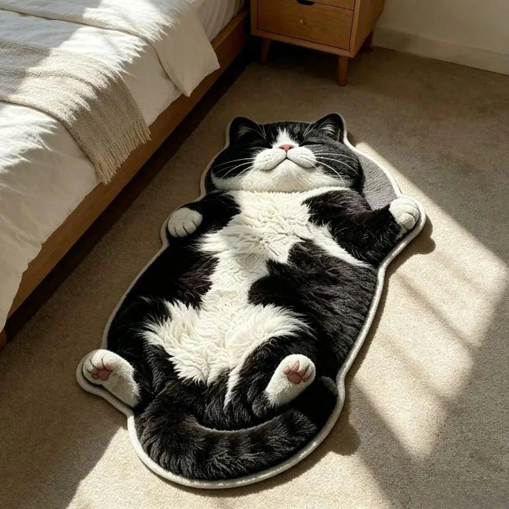 Floor rug printed with a realistic image of a lying cow cat