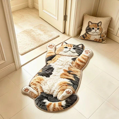 Floor rug printed with a realistic image of a lying tabby cat