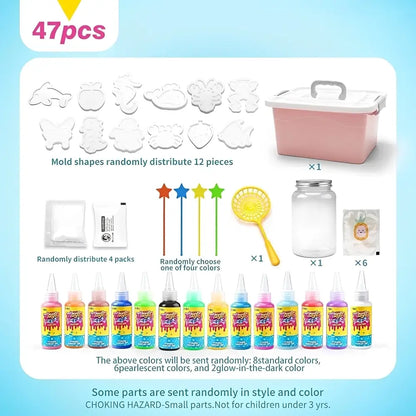 A product bundle listing for a children's craft paint kit, showing 47 pieces including 12 mold shapes, a pink storage box, paint bottles in multiple colors, a yellow paint brush, and other accessories on a light blue and white background.