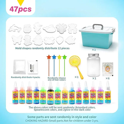 A product listing graphic for a children's plastic mold and paint kit, showing a turquoise storage bin, assorted white mold shapes, paint bottles in multiple colors, a yellow paint brush, and other included accessories on a light blue background.
