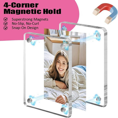 Magnetic photo frame with a woman on a bed, featuring text about magnetic hold properties.