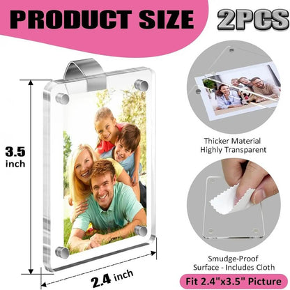Two clear acrylic picture frames shown on a white background with product size annotations: one 3.5 inch by 2.