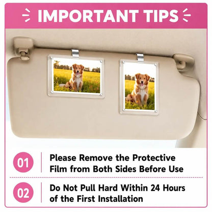 An instructional graphic showing two small rectangular photo frames attached to the inside of a beige car sun visor. The top header reads 'IMPORTANT TIPS' and the bottom text says to remove the protective film from both sides before use and not to pull hard within 24 hours of first installation.