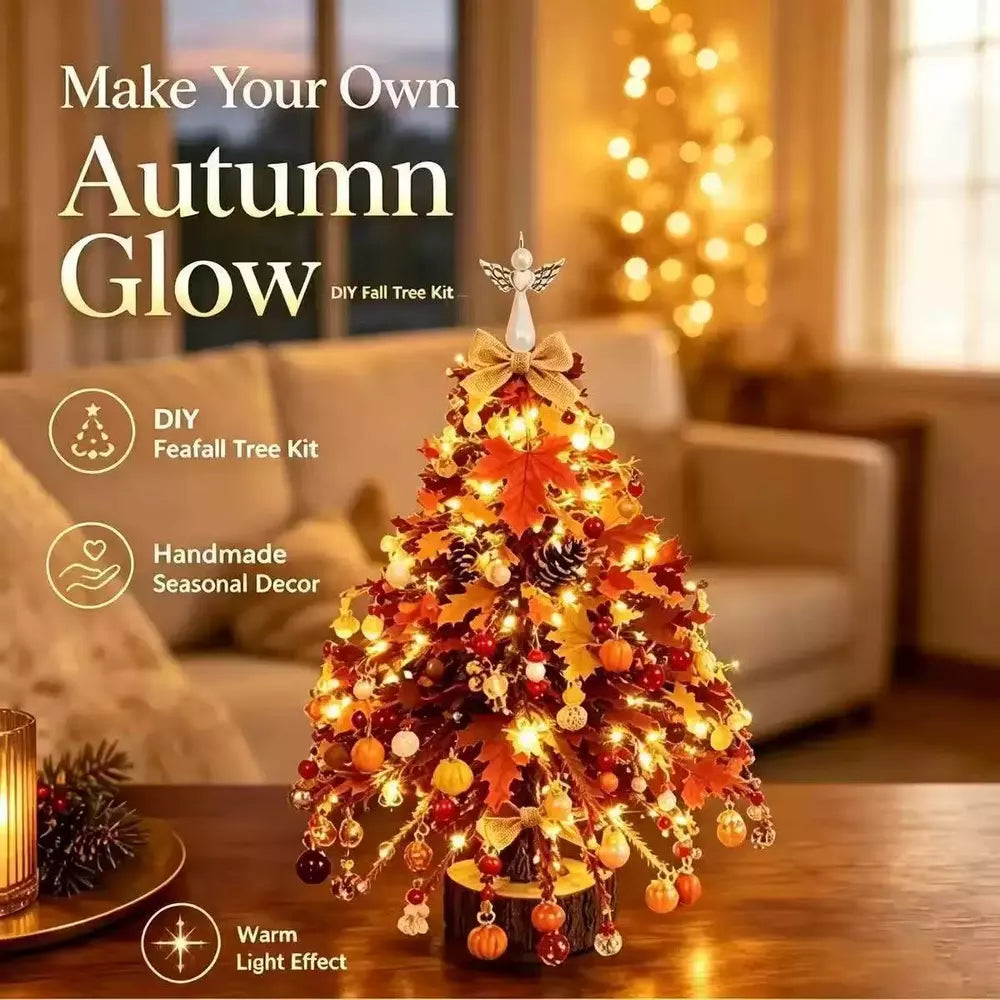 Autumn beaded tree with seasonal maple leaf and pumpkin decorations