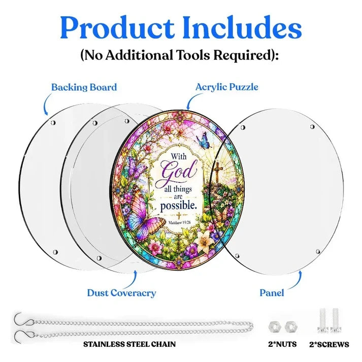 A diagram showing the included parts of the bible verse acrylic puzzle suncatcher such as backing board dust cover panel stainless steel chain nuts and screws