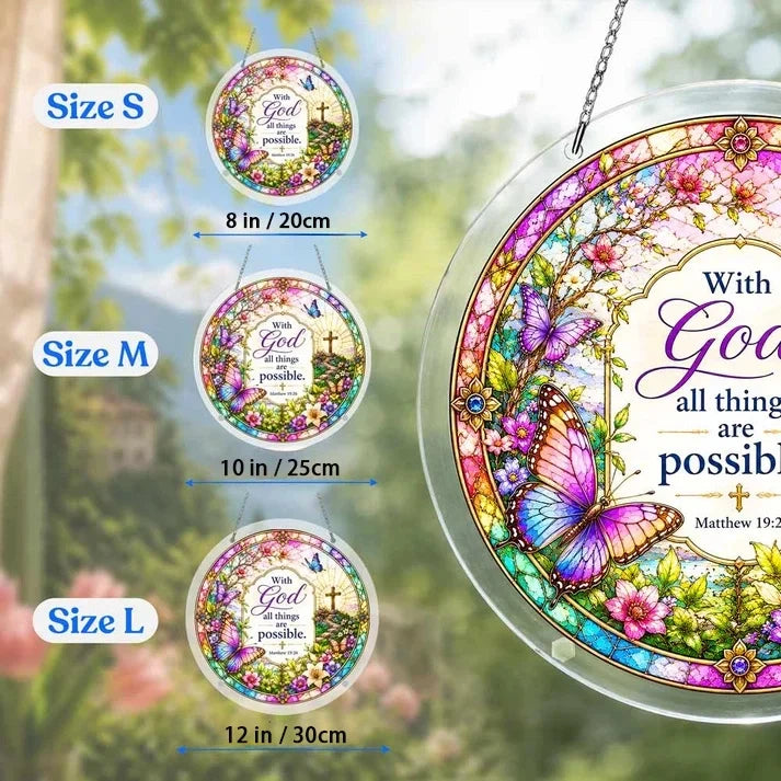 A size chart showing three bible verse suncatchers in S M and L measuring 8 10 and 12 inches with a large size detail on the right