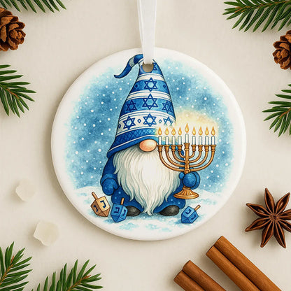 Hanukkah gnome ornament featuring a menorah design