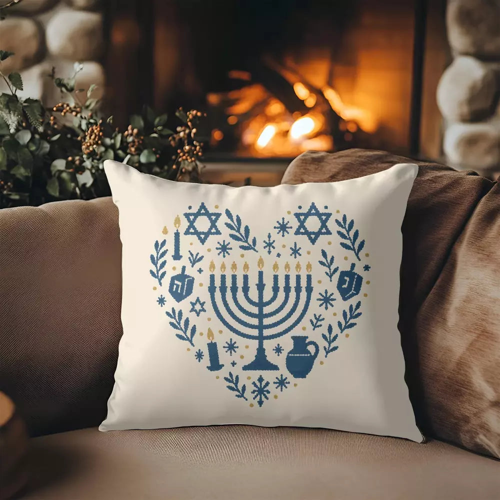 The menorah artwork on a holiday pillow