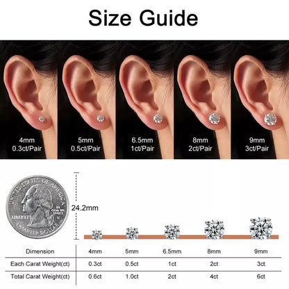 Moissanite stud earrings available in 4 mm, 5 mm, 6.5 mm, 8 mm and 9 mm sizes