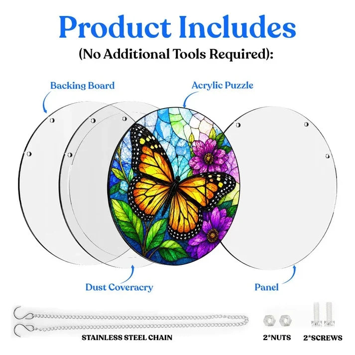 A diagram showing the included parts of the monarch butterfly acrylic puzzle suncatcher such as backing board dust cover panel stainless steel chain nuts and screws