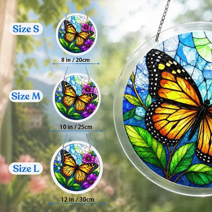 A size chart showing three monarch butterfly suncatchers in S M and L measuring 8 10 and 12 inches with a large size detail on the right