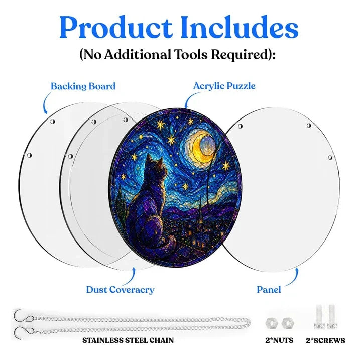 A diagram showing the included parts of the moonlit cat acrylic puzzle suncatcher such as backing board dust cover panel stainless steel chain nuts and screws