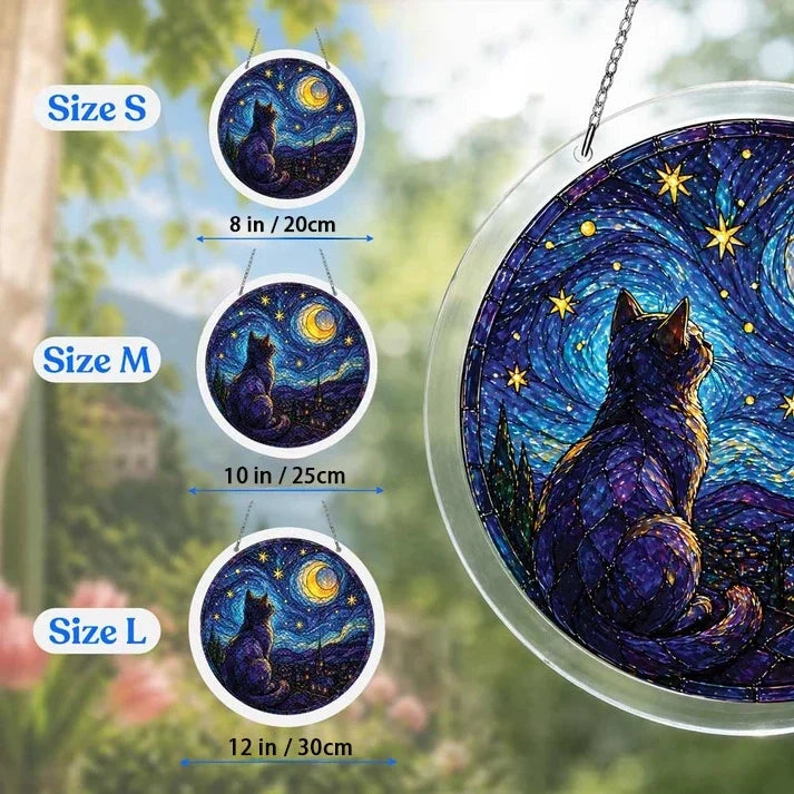A size chart showing three van gogh style moonlit cat suncatchers in S M and L measuring 8 10 and 12 inches with a large size detail on the right