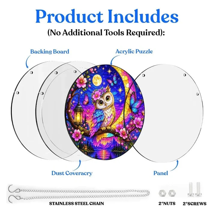 A diagram showing the included parts of the moonlit owl acrylic puzzle suncatcher such as backing board dust cover panel stainless steel chain nuts and screws