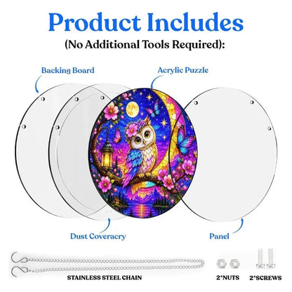 A diagram showing the included parts of the moonlit owl acrylic puzzle suncatcher such as backing board dust cover panel stainless steel chain nuts and screws