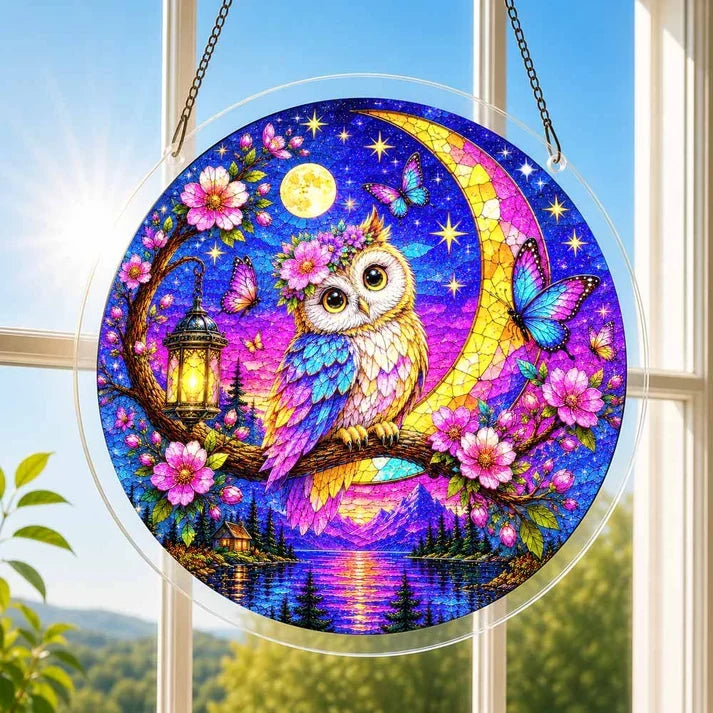 A round acrylic suncatcher with a colorful owl on a blossoming branch with a lantern crescent moon and butterflies hanging from a chain in front of a bright white window