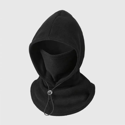 A black fleece balaclava hood with an integrated face mask and a silver metal toggle drawstring, shown on a neutral light gray background.
