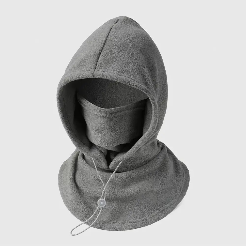 A gray fleece balaclava hood with an integrated face mask and a drawstring cord, shown on a light gray background.