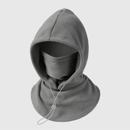 A gray fleece balaclava hood with an integrated face mask and a drawstring cord, shown on a light gray background.