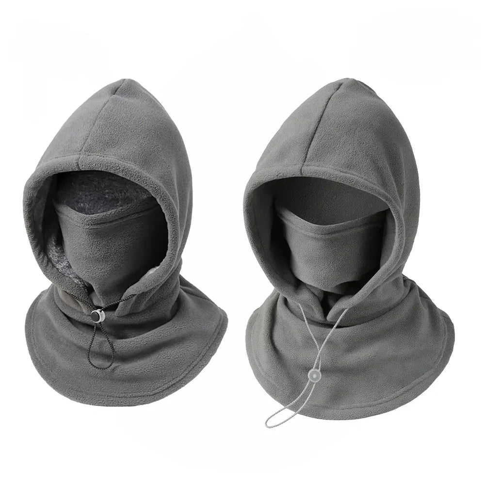 Two views of a gray fleece balaclava hood with integrated face mask and drawstring, shown on a plain white background.