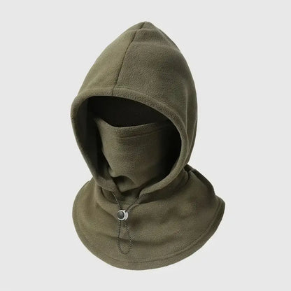 An olive green fleece balaclava hood with an integrated neck gaiter and a small silver metal slider, shown against a light gray background.