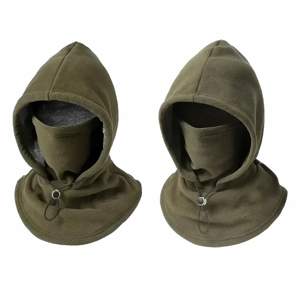 Two olive green fleece hooded face masks with integrated neck gaiters and drawstring closures, displayed side by side on a plain white background.