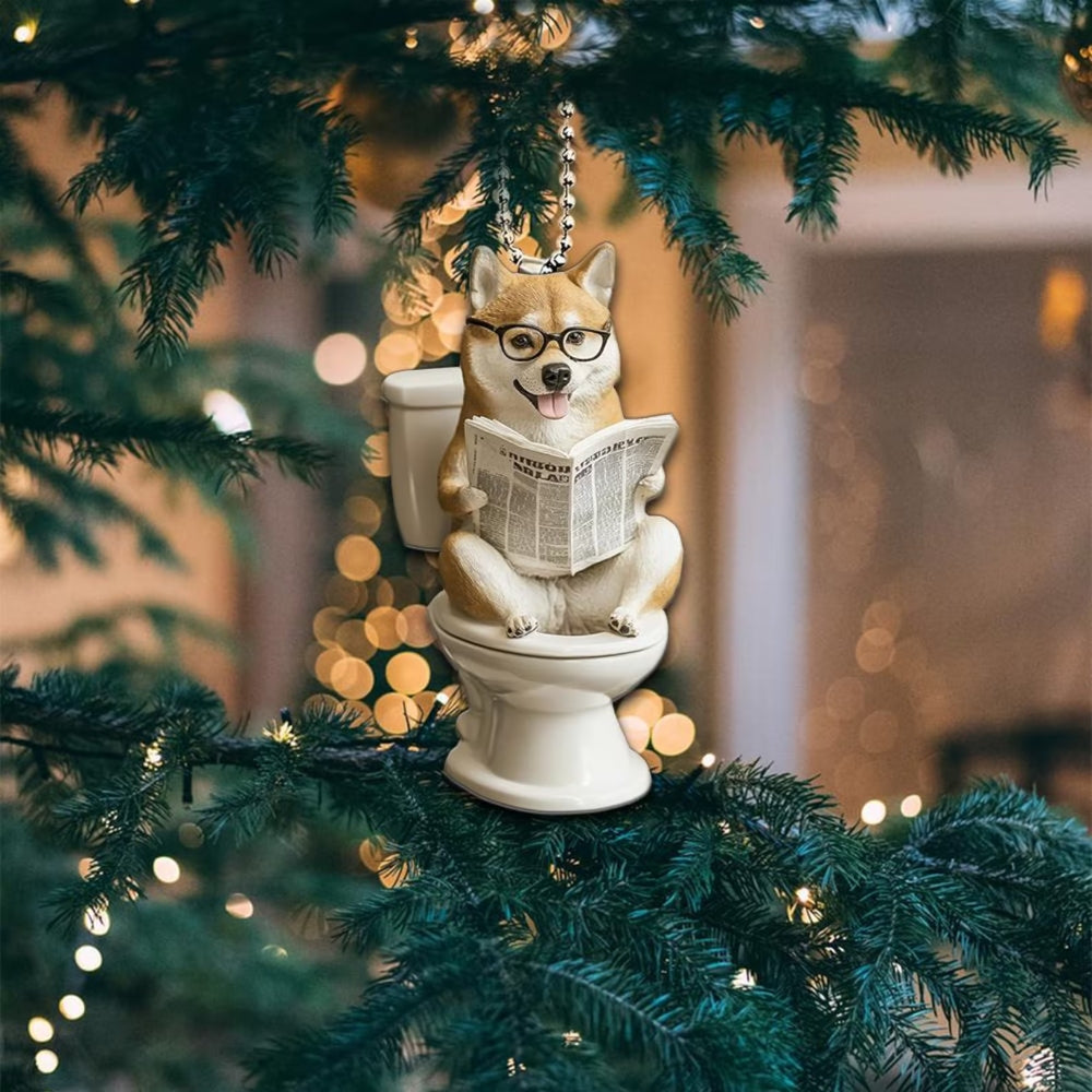 Shiba - Dog Sitting On Toilet Ornament  OT027
