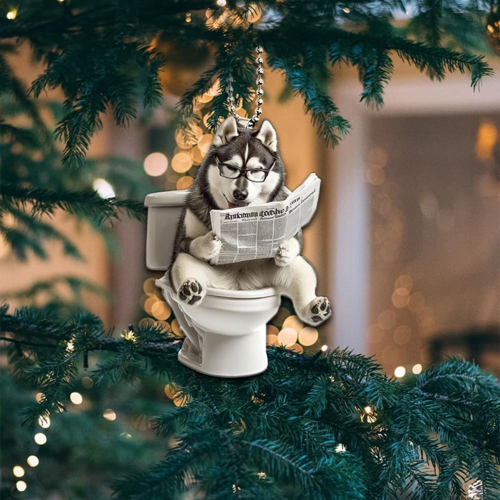 Alaskan Malamute - Dog Sitting On Toilet Ornament  OT029