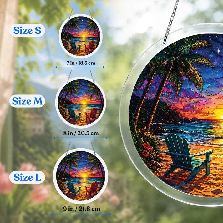 A size chart showing three tropical beach sunset suncatchers in S M and L measuring 8 10 and 12 inches with a large size detail on the right