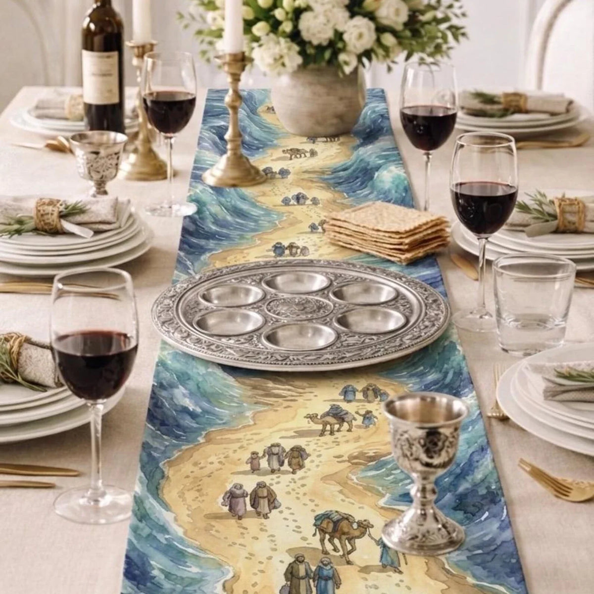 Blue and sand-colored watercolor design on a Passover table runner
